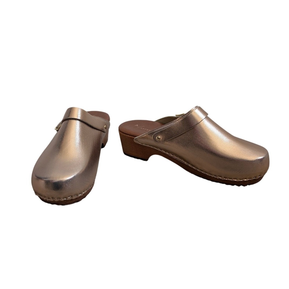 Anthropologie Rose Gold Metallic Leather Clogs Mules Wood Block Heel Size 39